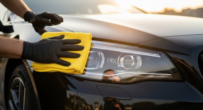 Luxury car detailing with microfiber cloth for a spotless finish, perfect for automotive advertising or showcasing premium vehicle care services.