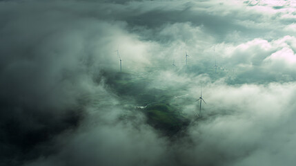 Fototapeta premium Majestic wind turbines emerge from ethereal misty clouds over green rolling hills aerial view