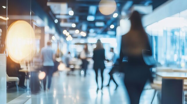 Modern office buzz with blurred motion, perfect for illustrating fast-paced corporate life or innovative teamwork in bright, vibrant workspaces