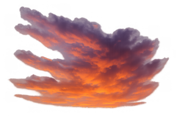 Isolated sunset cloud formation creating a vibrant orange and purple sky at twilight on a transparent background