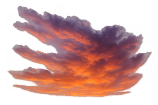 Isolated sunset cloud formation creating a vibrant orange and purple sky at twilight on a transparent background