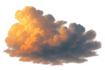 Warm cumulus cloud detail glowing with golden light at sunset, isolated on transparent background, offering natural weather element