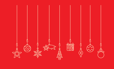 Christmas Decorations Vector Line Illustration on Red Background