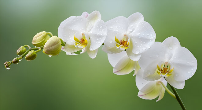 White orchid blossom on soft green background – delicate floral portrait - Powered by Adobe