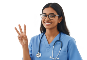 Young woman doctor holding up three fingers isolated on transparent background