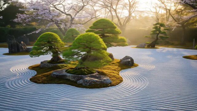 Serene Japanese Zen garden featuring meticulously pruned bonsai trees and raked gravel patterns at sunrise