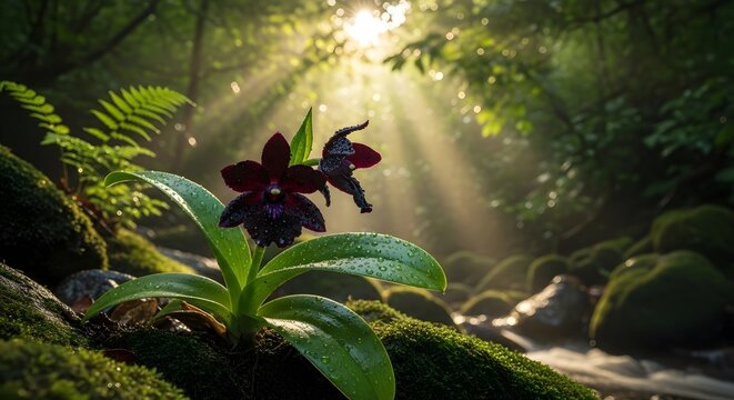 Serene fantasy landscape featuring an exotic black orchid bathed in morning sun rays in a magical, lush rainforest