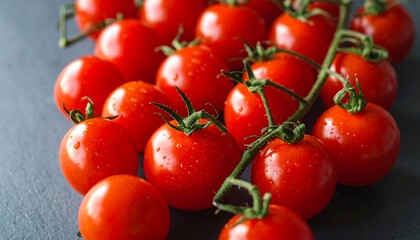Close-up of glossy, ripe cherry tomatoes on vine, droplets visible