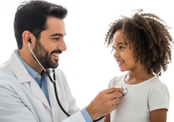 Doctor examining a young girl with a stethoscope isolated on transparent background