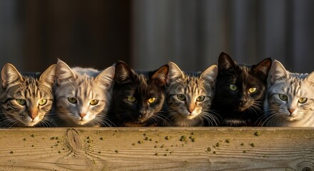 Adorable cats peering curiously over rustic wooden fence in warm sunlight, a charming and heartwarming animal portrait for pet lovers and nature enthusiasts