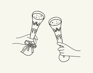 Vintage champagne glasses in hands raised to toast. Vector outline illustration of elegant glasses to celebrate
