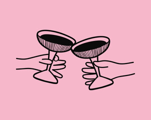 Two champagne glasses clinking to toast. Minimalist illustration of champagne glasses in hands. 