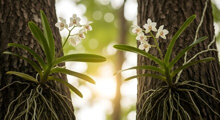 A beautiful pair of wild white orchids with lush green leaves and exposed roots growing on tree trunks in a sunlit forest