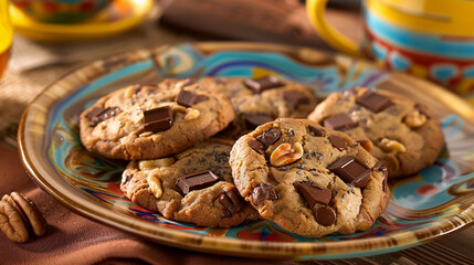 Close-up image showcases cookies with chocolate and walnuts, arranged on a vibrant ceramic plate. A delicious, rustic dessert scene