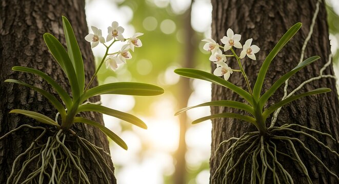 A beautiful pair of wild white orchids with lush green leaves and exposed roots growing on tree trunks in a sunlit forest