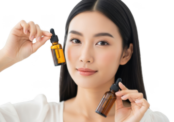 Woman holding dropper bottles of serum isolated on transparent background