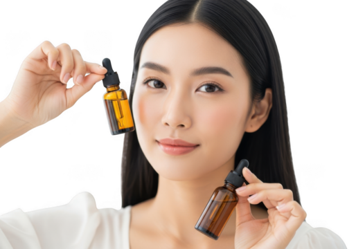 Woman holding dropper bottles of serum isolated on transparent background - Powered by Adobe