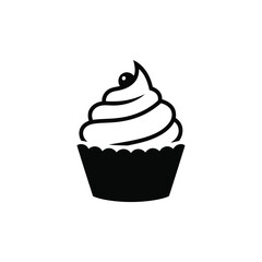Black and white simple icon of a cupcake with frosting and cherry