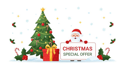 Festive Offer: A cheerful Santa Claus joyfully promotes a special offer beside a decorated Christmas tree with gift and snowing background.