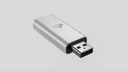 Silver usb wifi adapter or network dongle with wireless symbol on gray background