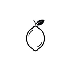 Simple black and white line art icon of a lemon with a leaf