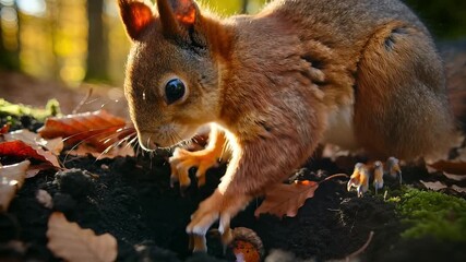 Extreme close up of a cute red squirrel digging in dark soil to bury an acorn nut among fallen leaves and green moss during a sunny autumn day preparing winter food reserves in the forest
