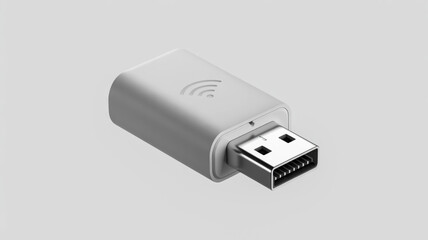 Small white usb wifi adapter dongle with wireless signal icon on gray background
