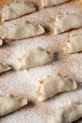 Close-up of traditional polish dumplings with crimped edges, dusted with flour, resting in a metal tray or bowl before being cooked