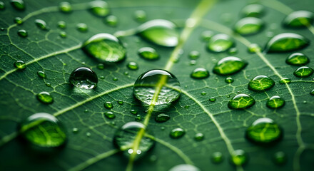 Fresh green leaf with water droplets – close-up nature texture