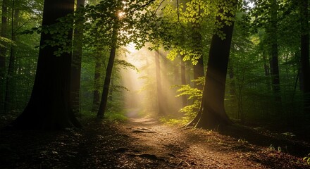 Enchanting sunlight streams through lush green forest, perfect for conveying serenity, nature's beauty, and peaceful escape in your creative projects