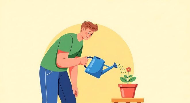 Man Watering a Small Plant in a Pot with a Watering Can.