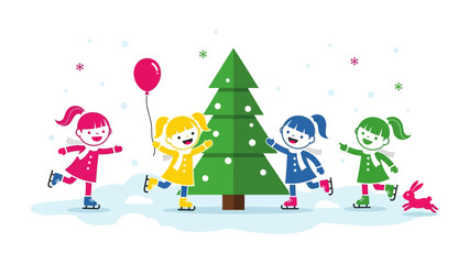 Winter Wonderland Fun: A cheerful illustration of four young children ice skating around a festive Christmas tree. Capturing the joy and excitement of winter holidays.