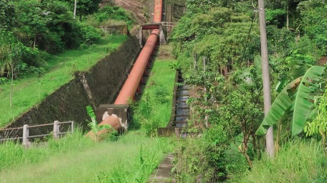 Large Orange Water or Hydroelectric Penstock Pipe Sloping Downhill Through Dense Tropical Forest