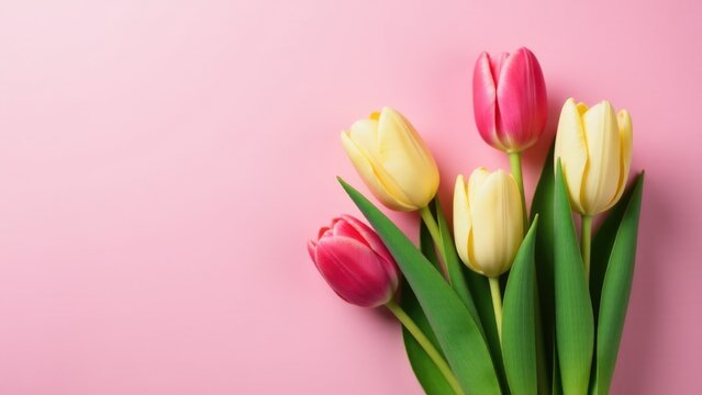 A bouquet of fresh pink and yellow tulips set against a bright pink background, perfect for spring or Easter-themed designs