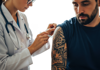 Doctor administering injection to tattooed arm isolated on transparent background