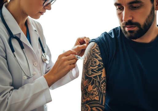 Doctor administering injection to tattooed arm isolated on transparent background