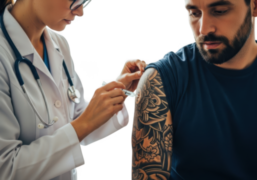 Doctor administering injection to tattooed arm isolated on transparent background