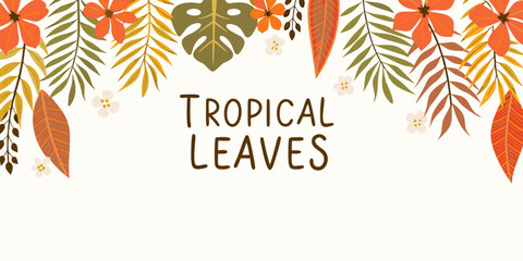 Tropical leaves and flowers illustration with space for text