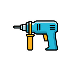 A vibrant blue and orange electric power drill icon with a bold black outline and auxiliary handle.