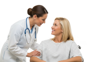 Doctor and patient smiling in a wheelchair isolated on transparent background