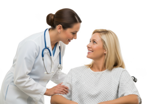 Doctor and patient smiling in a wheelchair isolated on transparent background