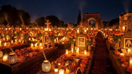 A nighttime scene of a cemetery decorated with candles, flowers, and photographs honoring loved ones on a special occasion