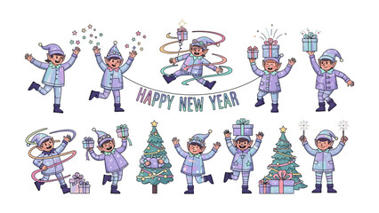 Happy New Year Celebration: A festive illustration of cheerful elf characters joyfully celebrating the New Year amidst gifts and decorations, creating a scene of merriment and holiday spirit.