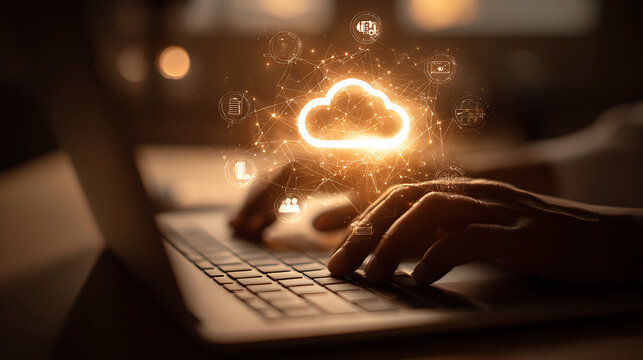 Person typing on laptop with glowing cloud network hands keyboard - Powered by Adobe