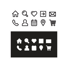 Collection of black outline and white solid icons for website navigation and user interface elements