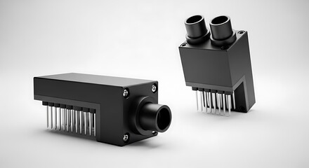 Two black rectangular electronic components with pins and cylindrical extensions