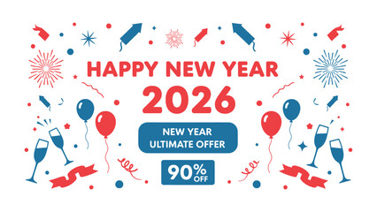 New Year's Eve Sale Banner: Celebrate the arrival of 2026 with joy and excitement, featuring festive ornaments and a fantastic discount offer to create a sense of festivity.