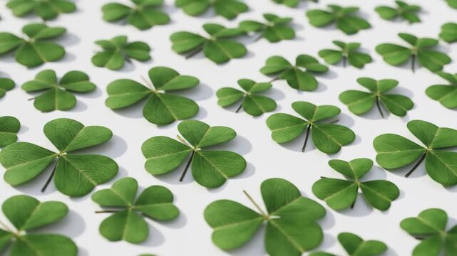 A collection of vibrant green four-leaf clovers arranged on a white background for good luck and natural decoration purposes