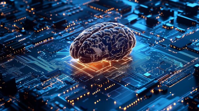 Futuristic brain powered by glowing circuits for artificial intelligence concepts and modern technology innovation, a digital network, and data analysis