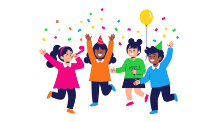 Joyful Celebration of Childhood: A group of diverse children are joyfully immersed in a festive atmosphere, celebrating a special occasion with confetti, a cheerful balloon, and contagious laughter.
